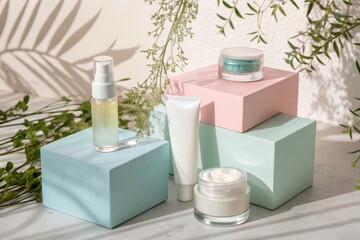 Beauty products skincare natural cosmetic cream serum lotion mockup display