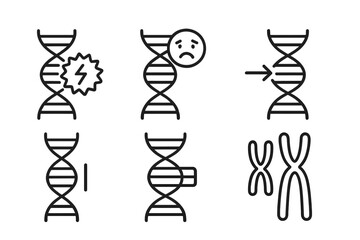 Genetic Engineering Icons. Line style icons of genetic engineering: DNA mutation icon, genetic disorder symbol, point mutation,