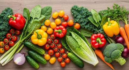 Assorted fresh vegetables on wooden surface: peppers, tomatoes, leafy greens, cucumbers, carrots