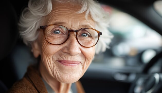 Elderly Woman With Glasses Smiling Behind The Wheel: A Joyful Senior Driving Her Car With Satisfaction And Confidence.