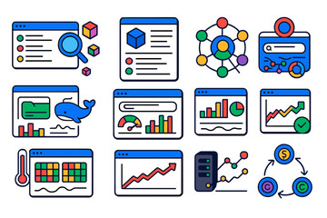Blockchain Analytics Icons. Isometric vector illustration set Blockchain Analytics: transaction explorer screen, block details