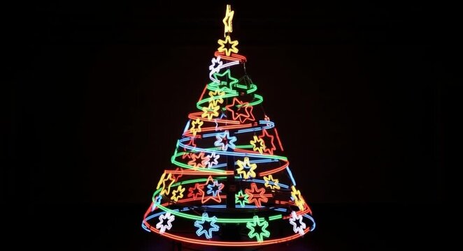 Animated vibrant neon Christmas tree with star topper