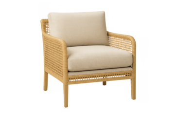 Rattan wicker armchair with fabric cushions providing modern comfort for interior design themes