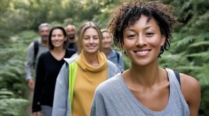 Obraz premium A group of people are walking in a forest, with one woman smiling and looking at the camera