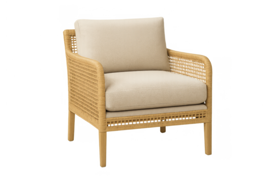 Rattan wicker armchair with fabric cushions providing modern comfort for interior design themes