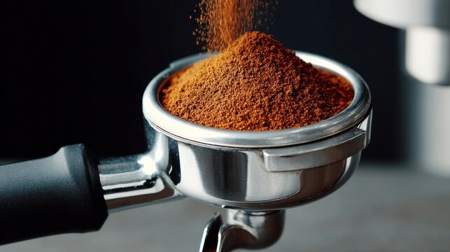 A coffee grinder is shown with a large amount of coffee powder in it. The coffee powder is in a silver container and is being poured out of the grinder. Concept of making coffee