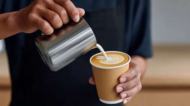 A person is pouring milk into a coffee cup. Concept of warmth and comfort, as the person is preparing a hot beverage for someone to enjoy