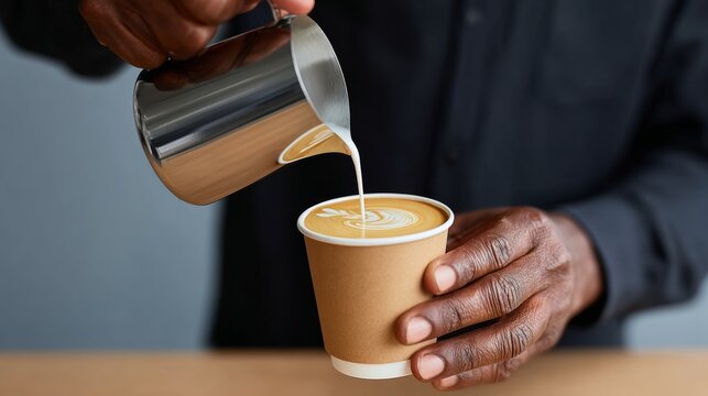 A man is pouring milk into a cup of coffee. Concept of warmth and comfort, as the man prepares a hot beverage for himself. The act of pouring milk into the coffee suggests a moment of relaxation - Powered by Adobe
