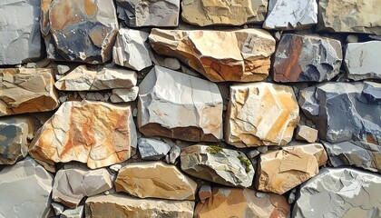 Close-up of a rustic, colorful stone wall texture