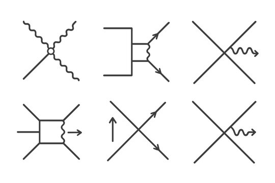 Particle Physics Icons. Line style icons of particle physics: weak force icon, W boson exchange, beta decay diagram, parity