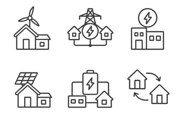 Fototapeta premium Renewable Energy Icons. Line style icons of renewable energy: rooftop wind turbine, microgrid system, decentralized power, home