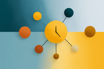 Colorful abstract clock design featuring circular elements in vibrant hues, showcasing time management and creativity in a modern artistic composition with copy space