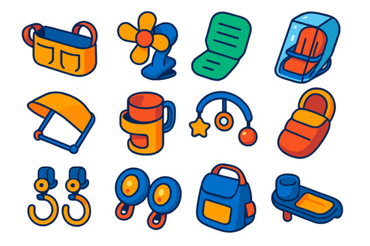 Vibrant Stroller Accessories. Isometric vector illustration set Baby Essentials: stroller organizer, stroller fan, stroller liner,