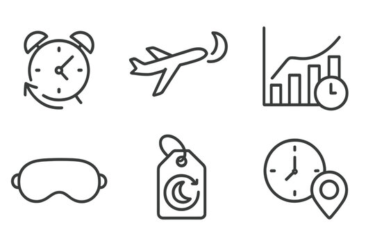 Sleep Therapy Icons. Line style icons of sleep therapy: jet lag solutions, airplane with moon icon, time zone adjustment chart,
