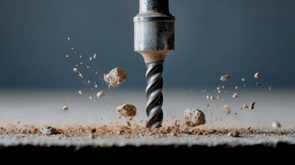 A drill bit is spinning in the air, surrounded by a cloud of dust. Concept of action and movement, as well as the potential danger of using a power tool