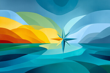 Abstract illustration featuring vibrant waves of color in shades of blue, green, yellow, and orange, with a prominent star shape symbolizing guidance and direction in a serene landscape
