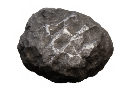 Gray rock stone boulder with white mineral veins, natural geology formation element for design compositions