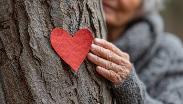 Elderly Woman Embracing A Tree Trunk With A Handcrafted Heart, Symbolizing Love For Outdoors And Earth On Earth Day. Promoting Environmental Conservation.