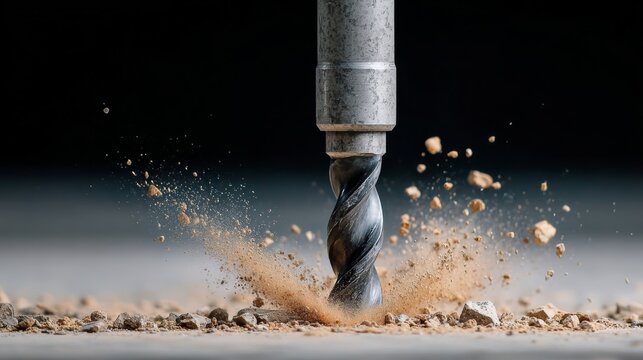 A drill bit is in the air, surrounded by a cloud of dust. Concept of action and movement, as the drill bit is being used to cut through a surface