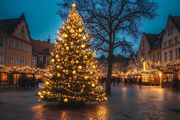 A beautifully lit Christmas tree in a modern city square with glowing ornaments and fairy lights 