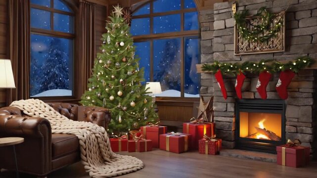 Cinematic photo of a perfectly cozy living room at Christmas. A plush sofa with a chunky knit blanket, a roaring fire in the fireplace, stockings hanging from the mantel. A beautifully decorated Chris