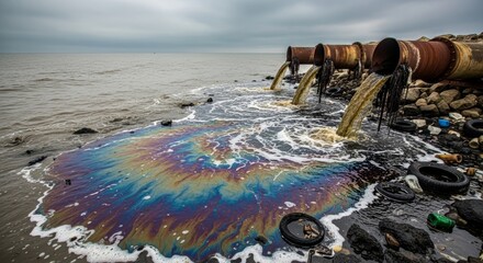 Coastal pollution: oil spill and pipe discharge into ocean