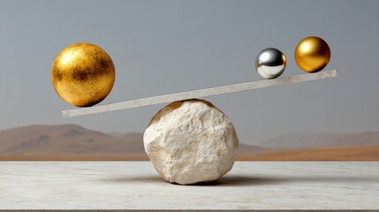 A balance scale with three balls on it, one of which is gold. The scale is tilted, with the gold ball on the left side and the other two on the right. Concept of balance and harmony