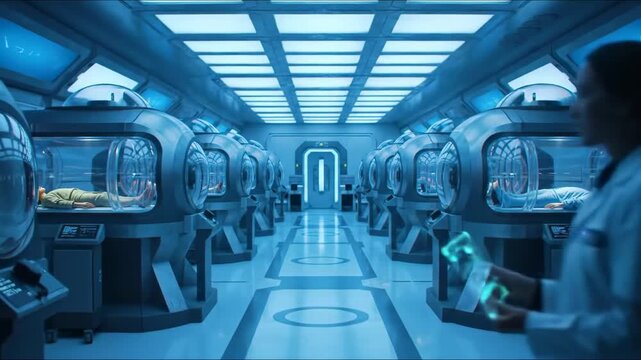 A futuristic corridor features rows of futuristic sleep chambers with figures inside. The scene is bathed in cool, bluish light, creating a sterile atmosphere
