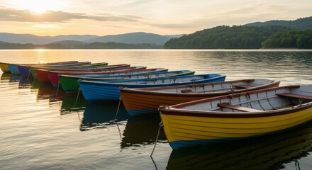Colorful rowboats on tranquil lake at sunset with majestic mountains in background