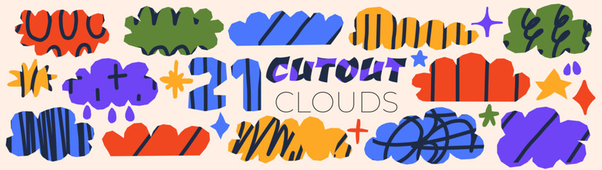 Whimsical cloud collage with abstract drops and hand-drawn shapes. Rough outlines and bright tones create a fun, childlike mood. Perfect for kids decor or weather-themed art