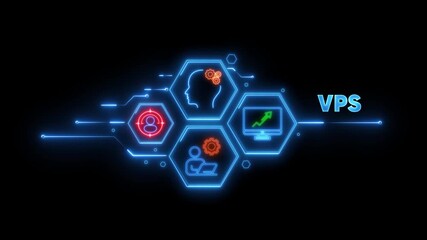 Neon VPS technology concept with icons and circuits on black Virtual Private Server network - Powered by Adobe