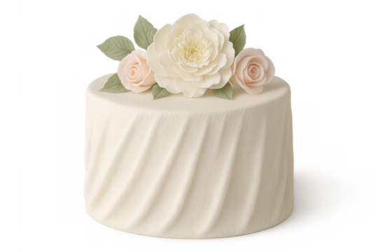 Wedding cake decorated with white and pink sugar flowers, buttercream frosting, celebrating love and joy. Transparent background