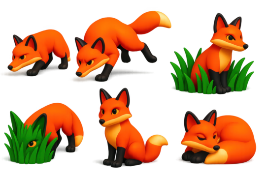 Series of cartoon foxes are shown in various poses, with one of them sleeping