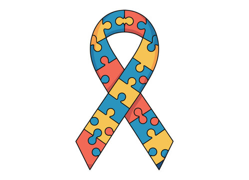 Autism awareness ribbon made of colorful puzzle pieces against a white background.