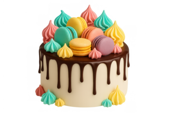 Colorful birthday cake with chocolate drip icing, decorated with macarons and meringue drops on transparent background