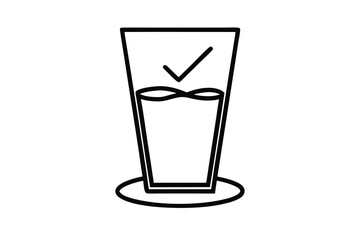 Black outlined glass contains liquid with a check mark above it is isolated
