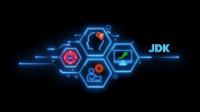 Neon JDK technology concept with icons and circuits on black Java Development Kit software