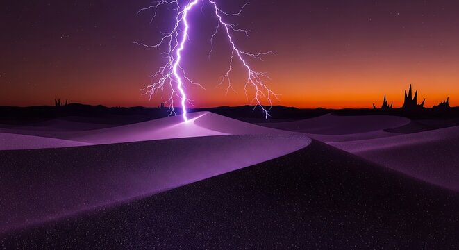 Dramatic Purple Lightning Strike Illuminates Desert Dunes at Twilight.