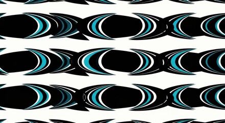 Repeating abstract pattern featuring black shapes accented with bright blue and white curves on a light background
