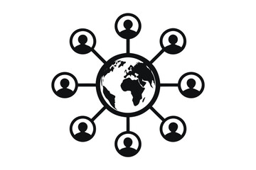 Black silhouette shows a globe interconnected with person icons on a white background