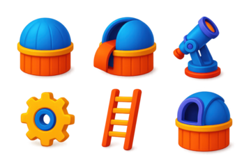Set of six blue and orange objects, including a telescope, a gear
