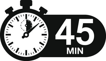 45 minutes timer icon with stopwatch symbol, black and white vector graphic for measurement, fast delivery, service time, or countdown