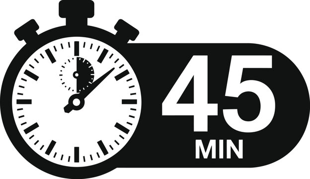 45 minutes timer icon with stopwatch symbol, black and white vector graphic for measurement, fast delivery, service time, or countdown