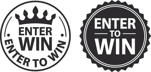 Set Of Two Circular Enter To Win Black And White Promotional Badges Or Stamps Featuring A Crown Icon, Ideal For Contest, Giveaway, Or Lottery Advertising