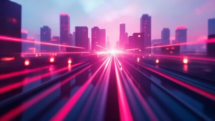 Motion through a futuristic city with glowing pink neon light trails representing data transfer - Powered by Adobe