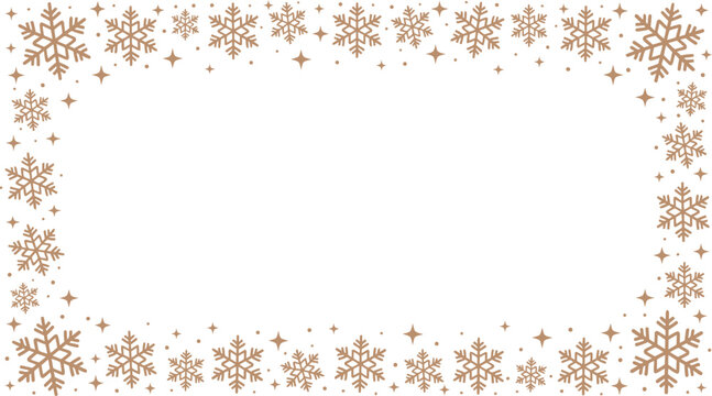 Elegant Christmas Or Winter Holiday Horizontal Frame Decorated With Golden Snowflakes And Stars On A White Background With Empty Space For Copy Text