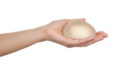 Hand holding silicone breast implant on white background