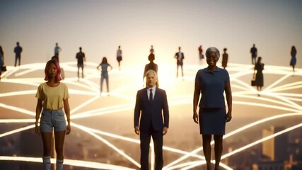 A group of diverse people stand connected by a network of glowing lines, suggesting unity and global connection