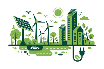 A green cityscape powered by renewable energy sources like wind and solar power.