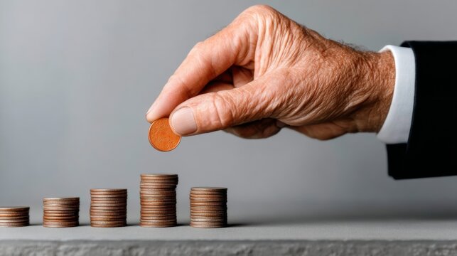 A man is holding a pile of coins and one of them is a penny. The coins are stacked on top of each other, with the penny on the bottom. Concept of saving money and the importance of small contributions - Powered by Adobe